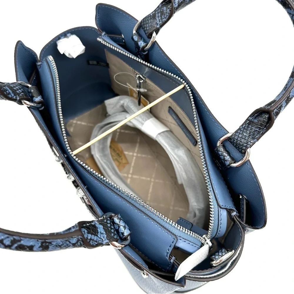 Michael Kors Large Reed Leather Belted Satchel Crossbody Bag Blue Snakeskin